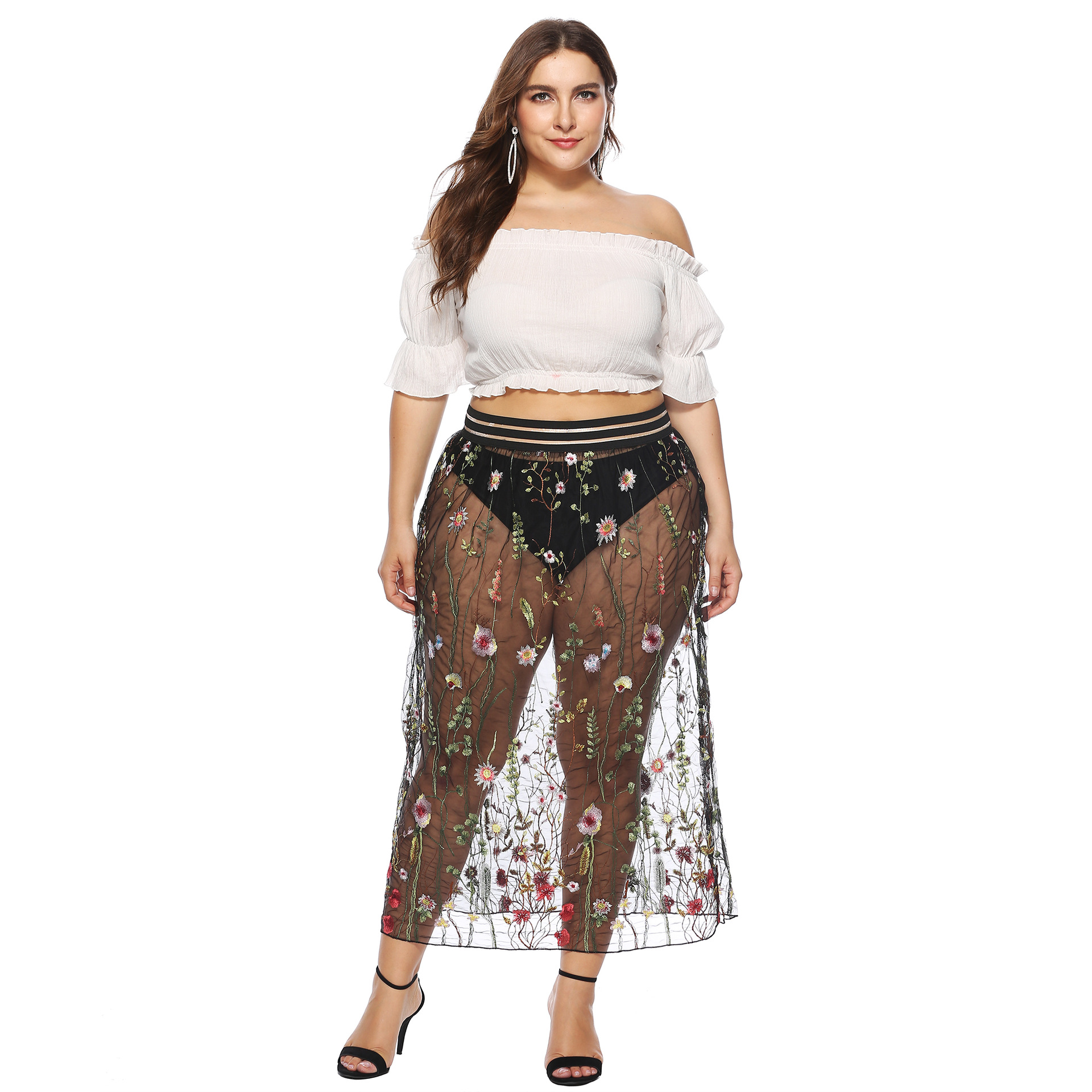 Plus size floral decor lace semi skirt NSOY46090