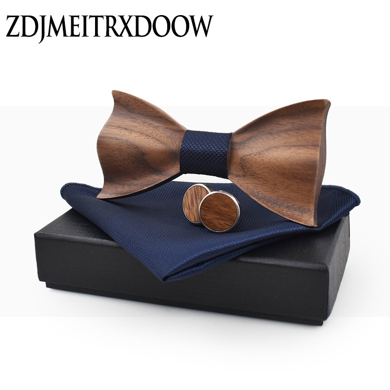 Classic 3d Embossed Wooden Bow Tie Set Plaid Square Square Cufflinks Casual Solid Wood Eco-Friendly Set
