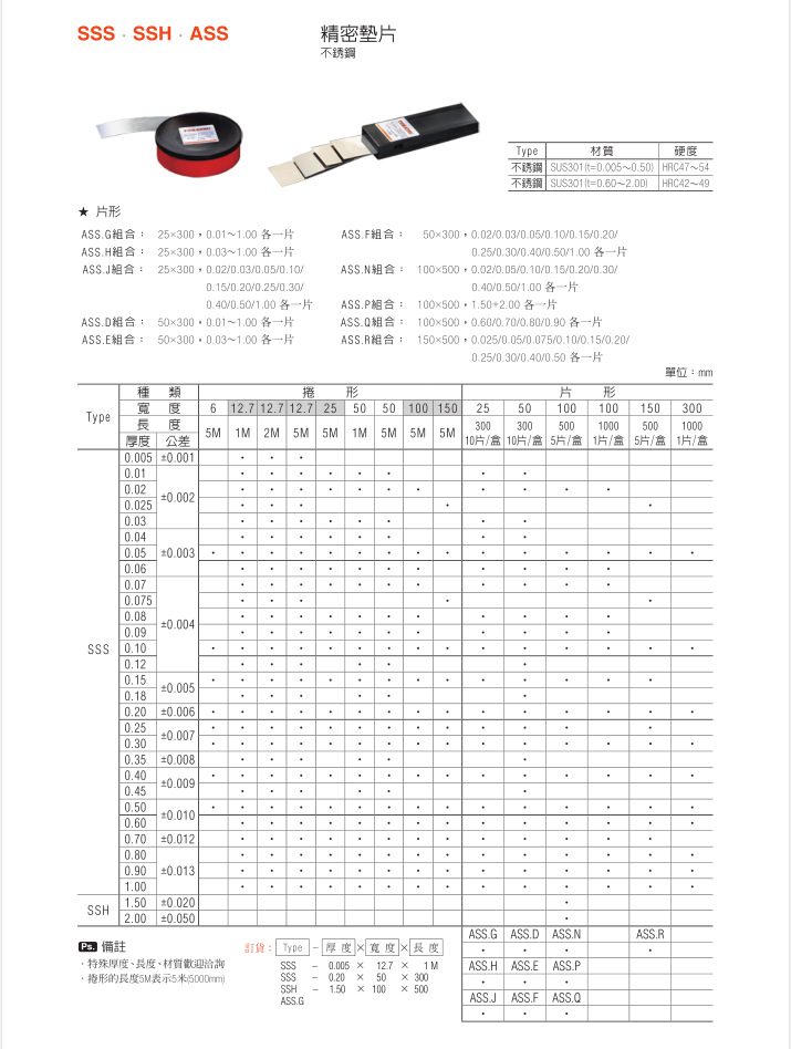 SSS、SSH、ASS精密墊片