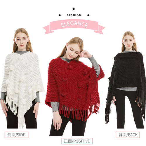 Autumn and winter new European and American rabbit fur ball knitwear manufacturer wholesale imitation cashmere warm large size women's cloak shawl