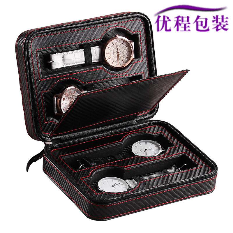 现货批发碳纤维皮革手表拉链包便携式手表包4位手表收纳盒pu表盒