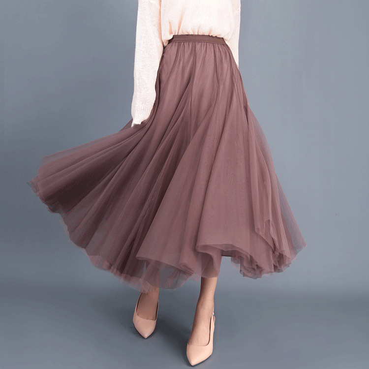 Korean version of the high waist mesh half length skirt female autumn and winter floating fairy gauze top ten stitching big skirt A word skirt
