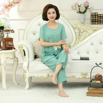 韩雅彤春夏季女士睡衣短袖九分裤大码竹节棉家居服印花绣花妈妈衫