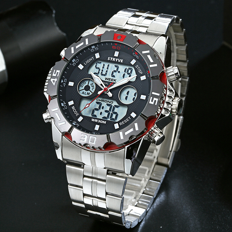 Stryve hombres de moda doble movimiento impermeable reloj de cuarzo electrónico sincronización alarma reloj de pulsera de acero inoxidable s8011