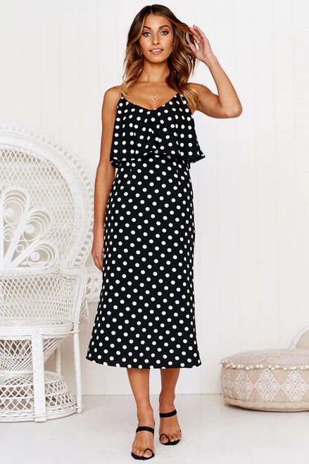   Ladies Fashion Polka Dot Print Sling V-neck Dress Set NSYF1097