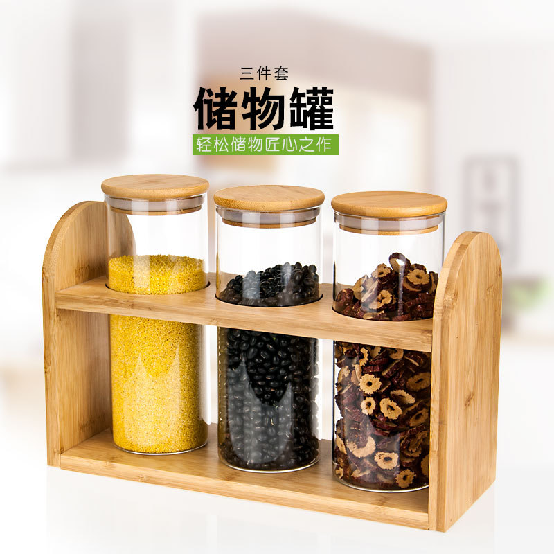 Nueva cocina multi-grano de vidrio frasco de almacenamiento con tapa perfumada de té frasco de vidrio de tres piezas sellado frasco de té