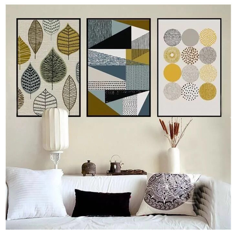 客厅装饰画无框画北欧风喷绘画芯几何图案三联画亚马逊装饰画画芯