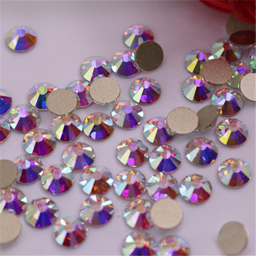 Crystal AB Glass Flat Back Rhinestones, Golden Back