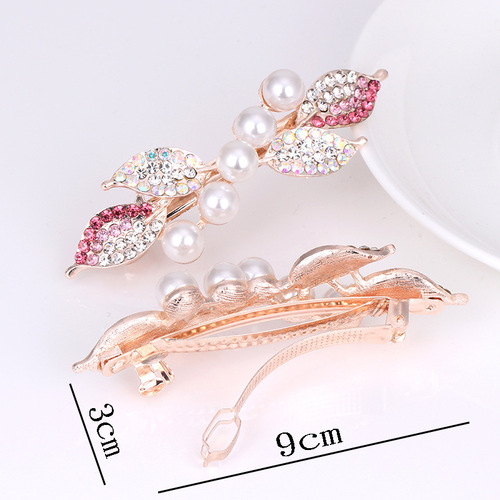 Korean style Pearl crystal Rhinestone Bow Hairpin for women girls headdress flower spring horizontal hair clip ponytail hair accessories