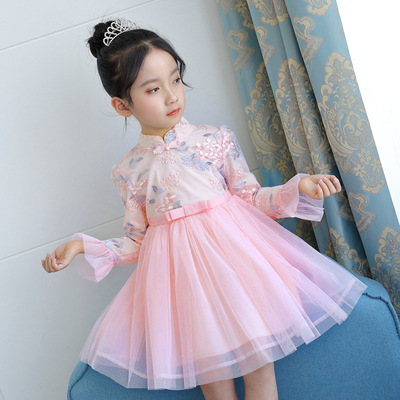 2018 mới mùa xuân và mùa thu nạp Hàn Quốc phiên bản của trẻ em sườn xám cổ áo trumpet tay áo cô gái ăn mặc váy váy một thế hệ của tóc