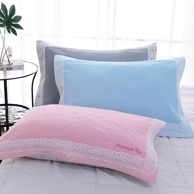 棉質雙層無撚紗布提花棉枕巾舒適柔軟成人情侶繡花枕頭巾廠家批發