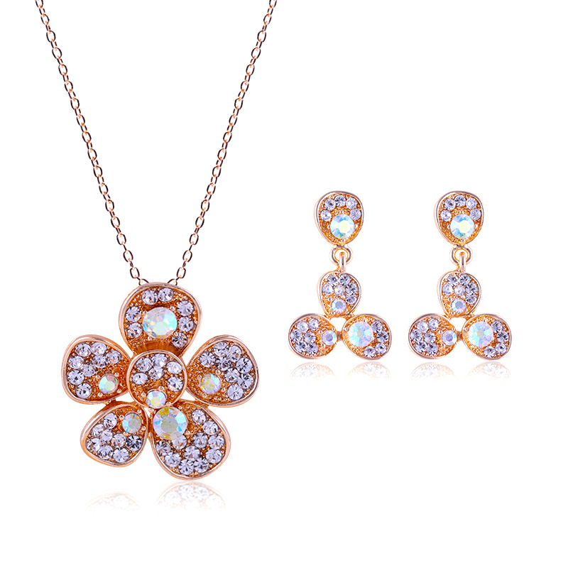 新款水晶项链耳环套装合金电镀水钻梅花形首饰跨境欧美货源直销