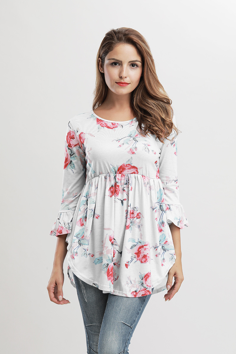 Floral Print Doll Top Sexy Design Three Quarter Bell Sleeves Round Neck Autumn Fashion Wholesale Available