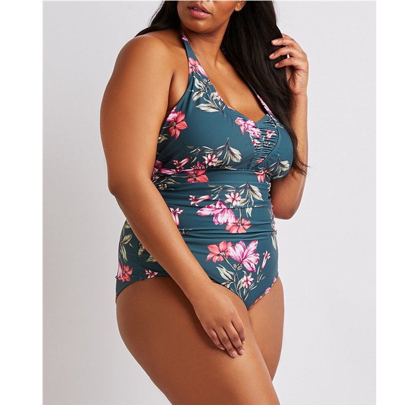 plus size printing smocked halterneck one piece swimsuit NSYLH123378