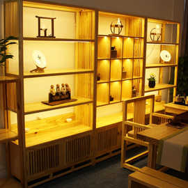 【八浪】实木中式茶叶展示柜禅意木制博古架陶瓷精品LED灯展示架