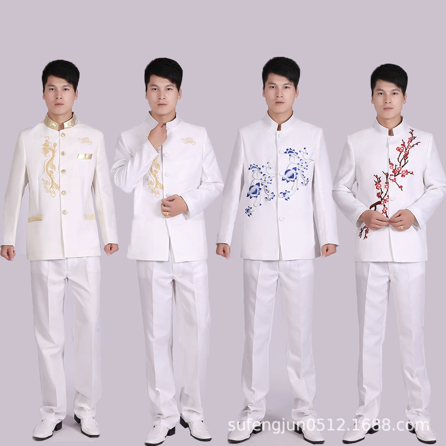 Новый белый костюм Чжуншань с вышитым воротником, костюм для выступления, сценический костюм, мужской костюм для хора, мужское платье хозяина