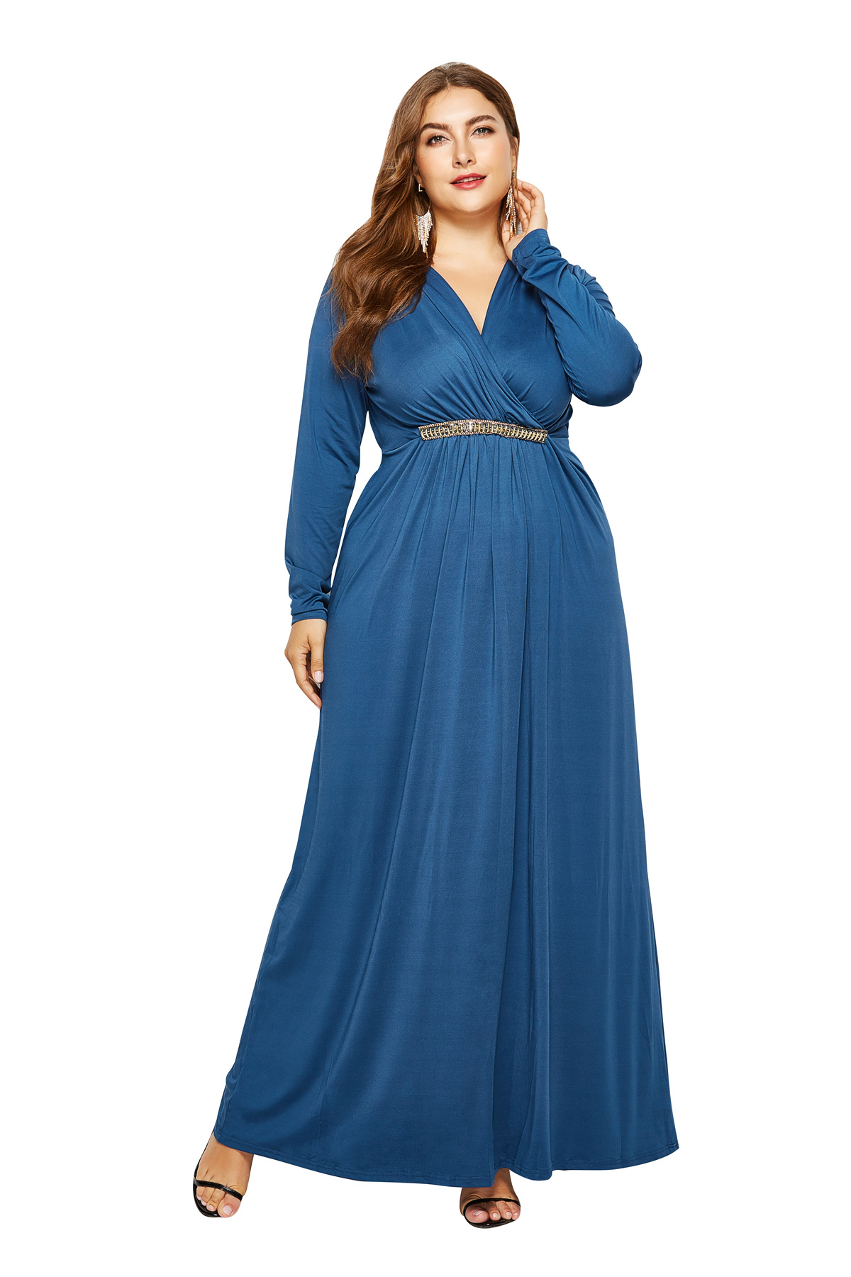 new style long-sleeved stitching plus size deep V-neck dress NSLM30327