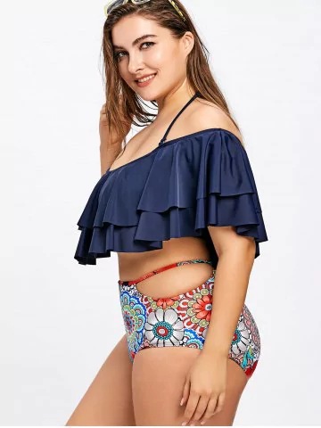 plus size floral high waist fringed one-shoulder swimwear  NSHL42292