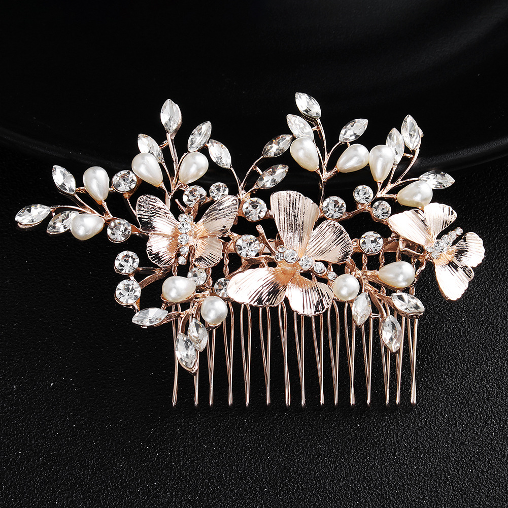 Korean Alloy Hair Comb Insert Comb Butterfly Pearl Inlaid Diamond Bridal Wedding Headdress Wholesale display picture 1