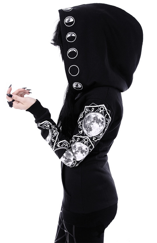 Punk Peng Hooded Moon Print Black Long Sleeve Sweatshirt_voghion.com