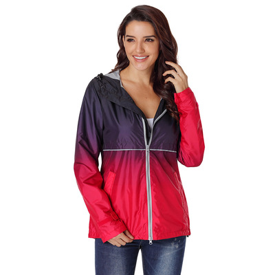时颖欧美女士冲锋衣渐变色连帽拉链长袖大码登山服大码外套85105|ms