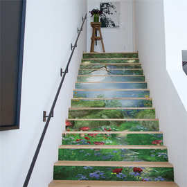 巨创跨境货源PVC贴纸3D自粘13片楼梯贴 墙贴  客厅装饰 月色花草
