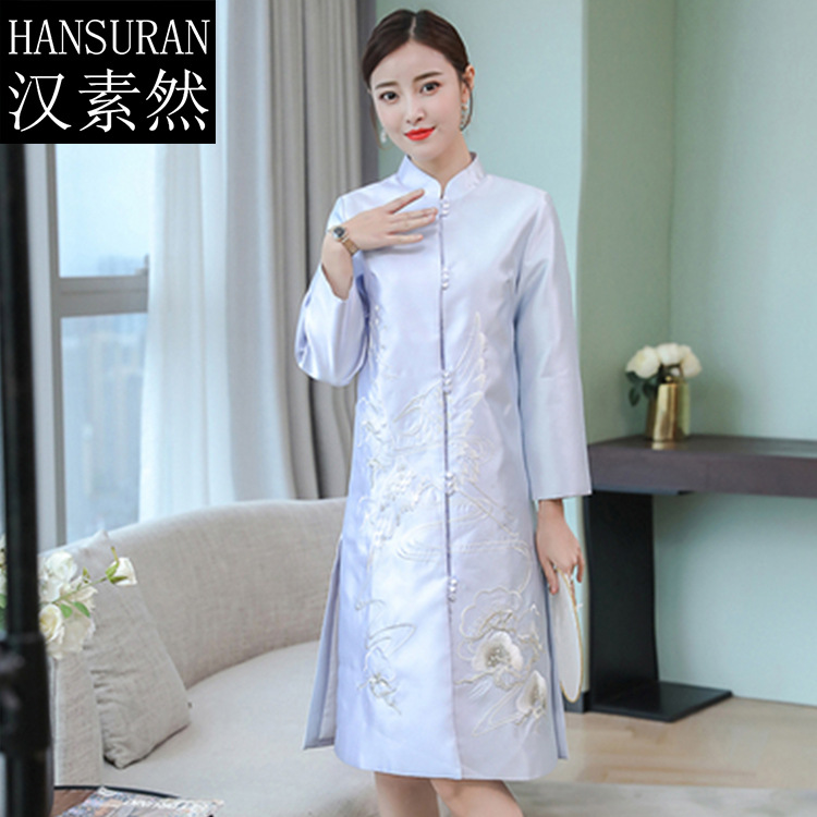 中国风外套2018秋冬款绣花中长款九分袖过膝复古宽松显瘦风衣女装|ru