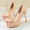 European and American sexy nightclub lace women’s shoes thin heel high heel shallow mouth fish mouth hollow net bow sing