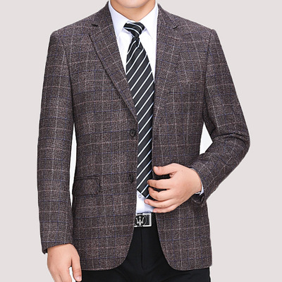 春季新款男式休闲西装 中年男士羊毛单西高档格子外套爸爸装免烫