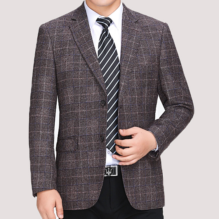 春季新款男式休闲西装 中年男士羊毛单西高档格子外套爸爸装免烫