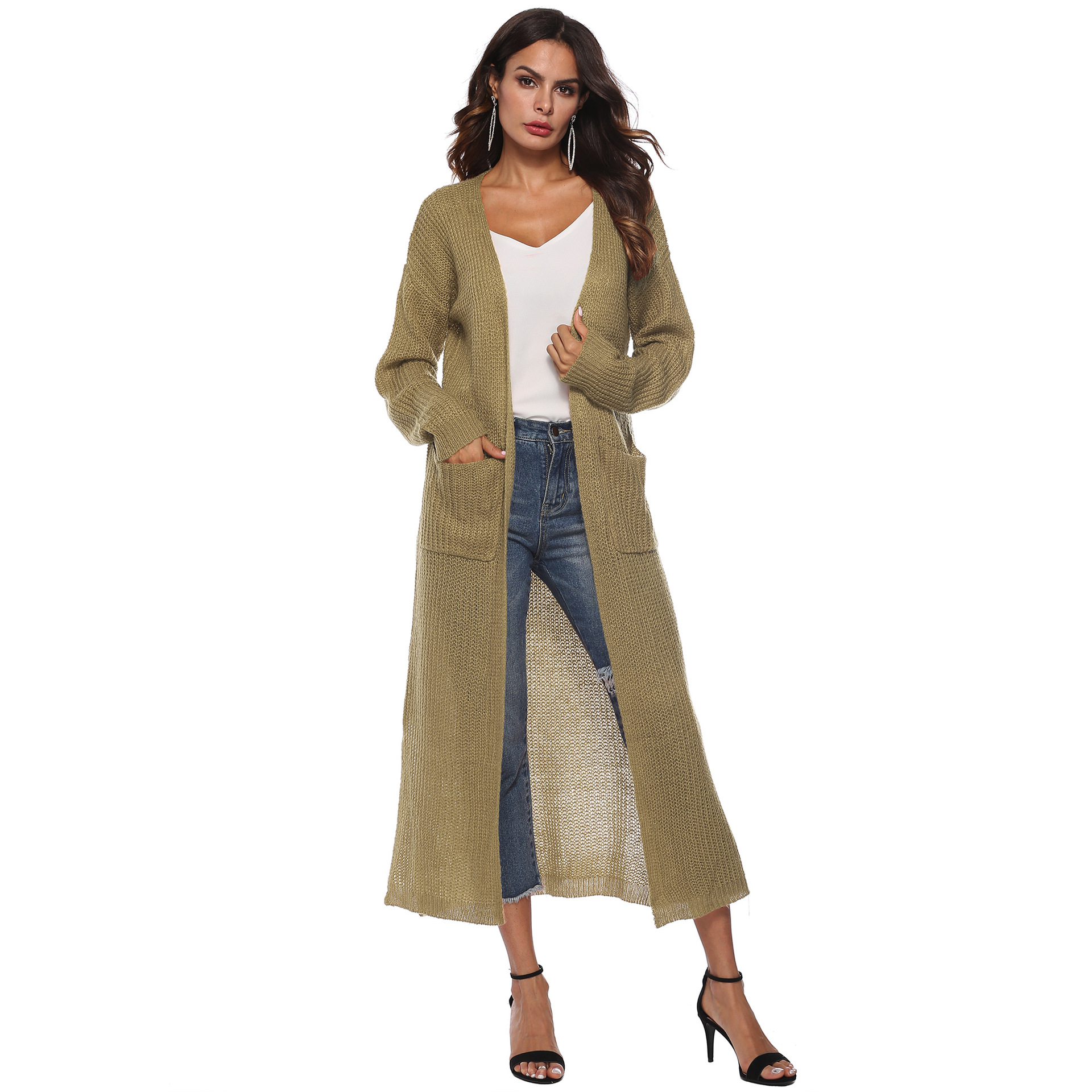 open-fork big pocket knit long thin coat NSOY28458