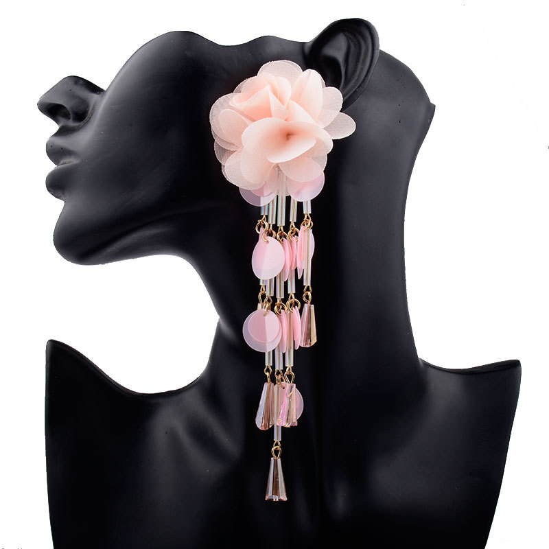 Exagéré Sucré Fleur Chiffon Perlé Femmes Boucles D'oreilles display picture 3