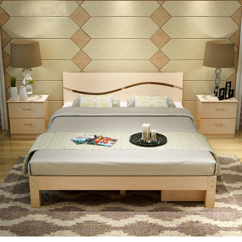 Solid wood bed single double bed 1.8 meters pine wood children bed 1.5 meters rental bedroom simple bed manufacturer to send mattress