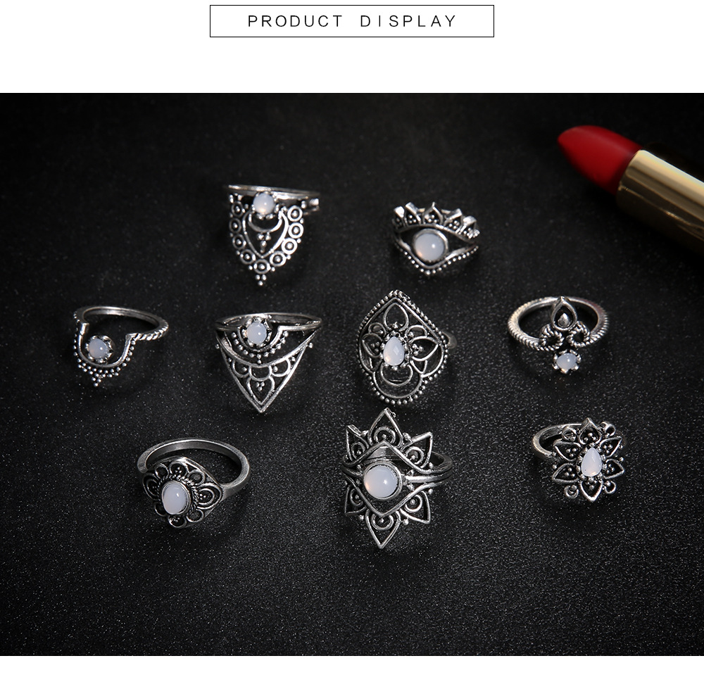 Wholesale Jewelry Retro Diamond Carved Crown Starry 9-piece Combination Ring Nihaojewelry display picture 5