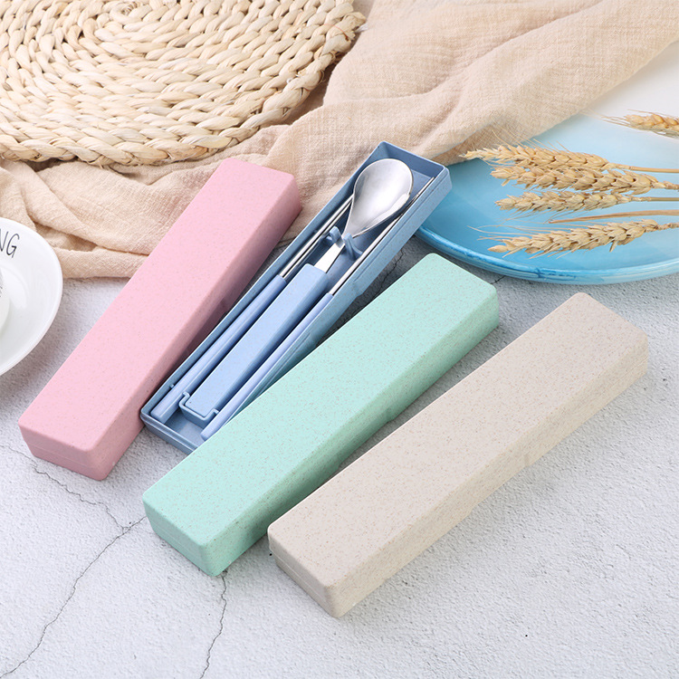 304 Stainless Steel Tableware Set Wheat Straw Portable Tableware Chopsticks Spoon Home Simple Fashion Two-piece Set