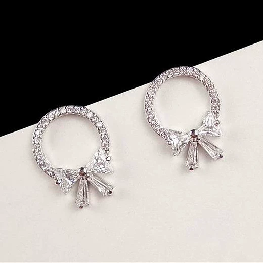Серьги, зирконий с бантиком, серебряная игла, корейский стиль, интернет-звезда, простой и элегантный дизайн, образец серебра 925