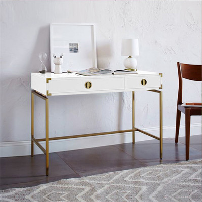 现代简约白色梳妆台 卧室嵌入式拉手小型化妆桌 不锈钢金色梳妆台|ru