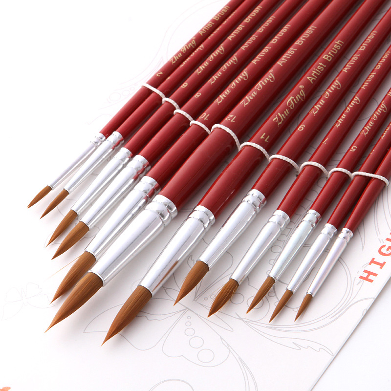跨境画笔 12支酒红色杆尼龙毛圆锋 水粉水彩油画笔套装