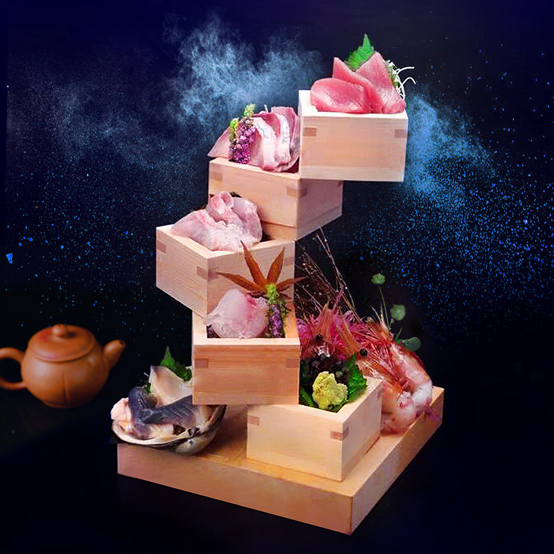 Featured sashimi plate tableware creative setting table artistic conception dish high rise solid wood Japanese style sashimi table fashion dry ice dinner plate