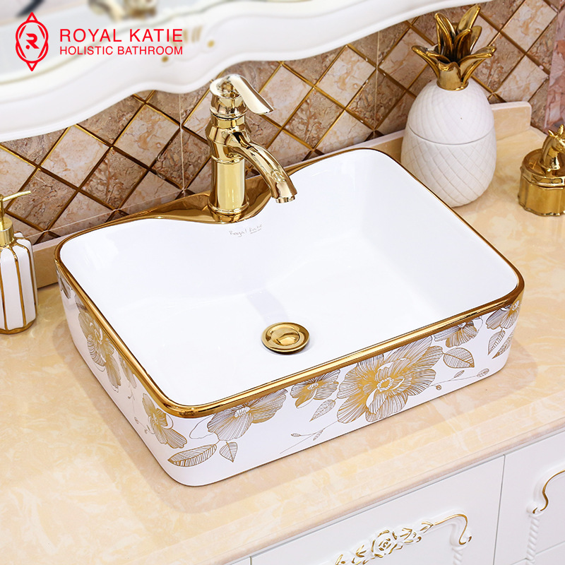 皇家凱迪中式酒店簡約金色長方形藝術盆 工廠批發陶瓷台上洗手盆
