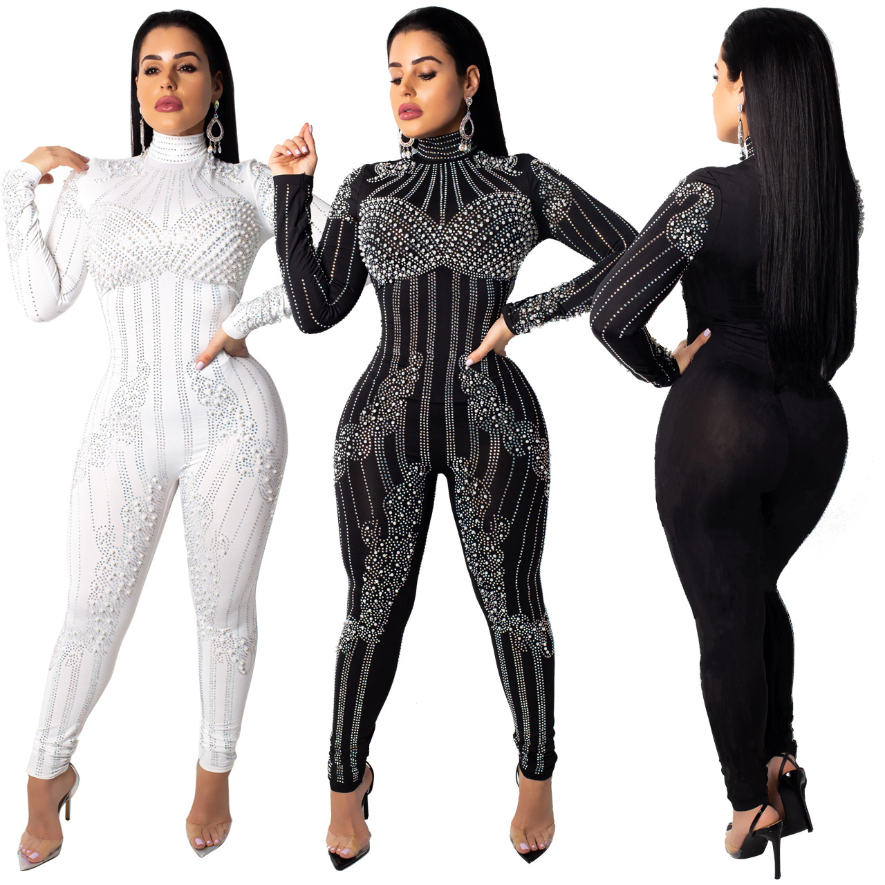 Womens Sexy See Through Rhinestone Bodycon Jumpsuit with Pearl