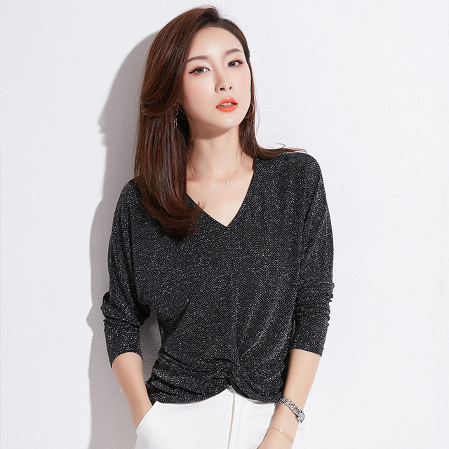 Spring New Fashion Long Sleeve Blouse Top V-collar Sexy Bat Sleeve 