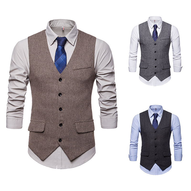 AliExpress Men's Spring and Autumn New Herringbone Single-breasted Vest Men's Korean-style Slim-fit Solid Color Suit Vest