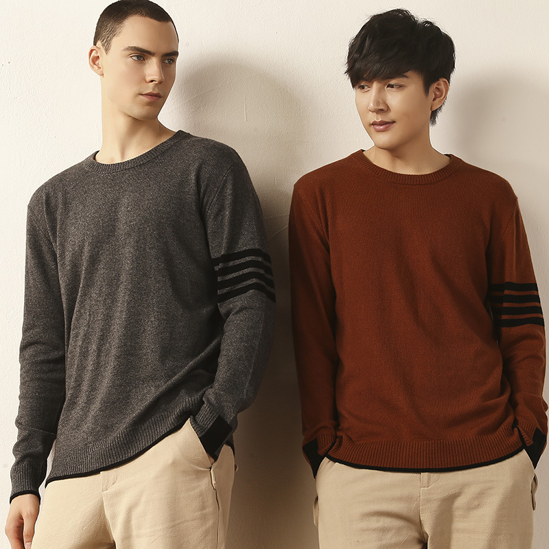 厂家直销秋冬新款男士山羊绒衫套头圆领条杠休闲毛衣长袖针织保暖|ms