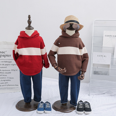 包邮 秋冬 男女儿童连帽 条纹针织毛衣 外套 厂家直销