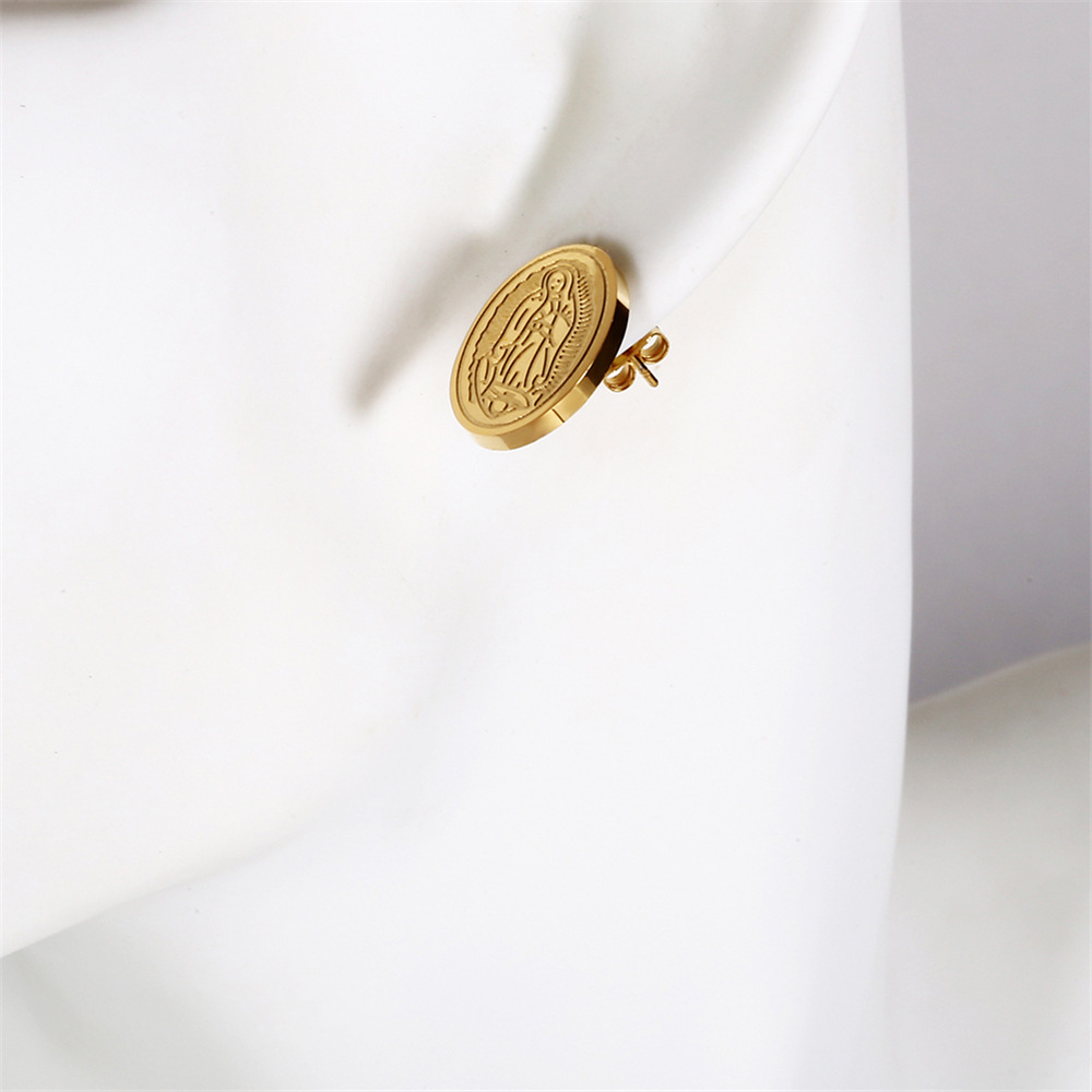 fashion titanium steel Virgin Mary oval pendent necklace earrings set wholesale Nihaojewelry