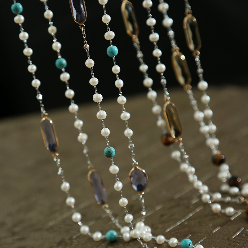 2019時尚新款淡水珍珠合成松石虎眼石中長款項鏈毛衣鏈