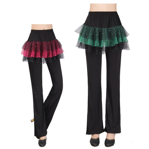 Black Latin dance pants for women  Latin square dance pants milk silk adult female sequins tulle skirt trousers culottes
