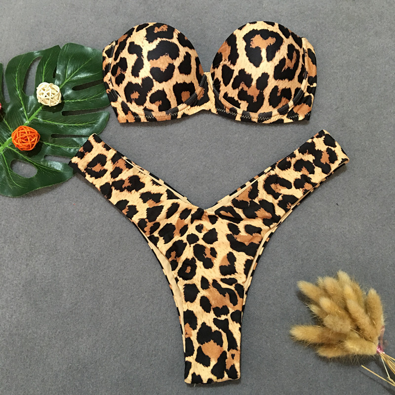 bikini de leopardo sin espalda con parte superior de tubo / bikini de color sólido conjunto de dos piezas NSCSM132754