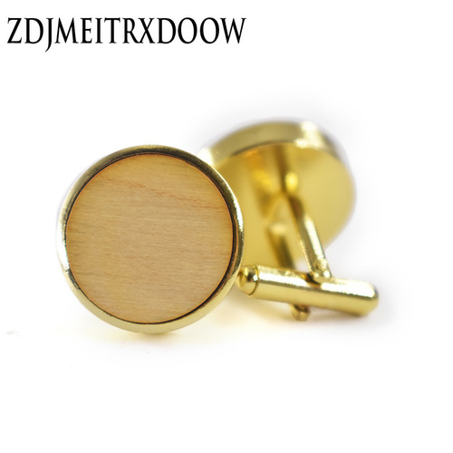 Large round cufflinks made of solid wood American black walnut maple wood, electroplated gold.